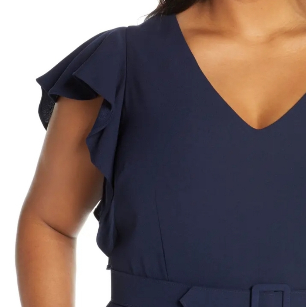 Eliza J Flutter Sleeve Belted Black Midi Dress V Neck Sz 14